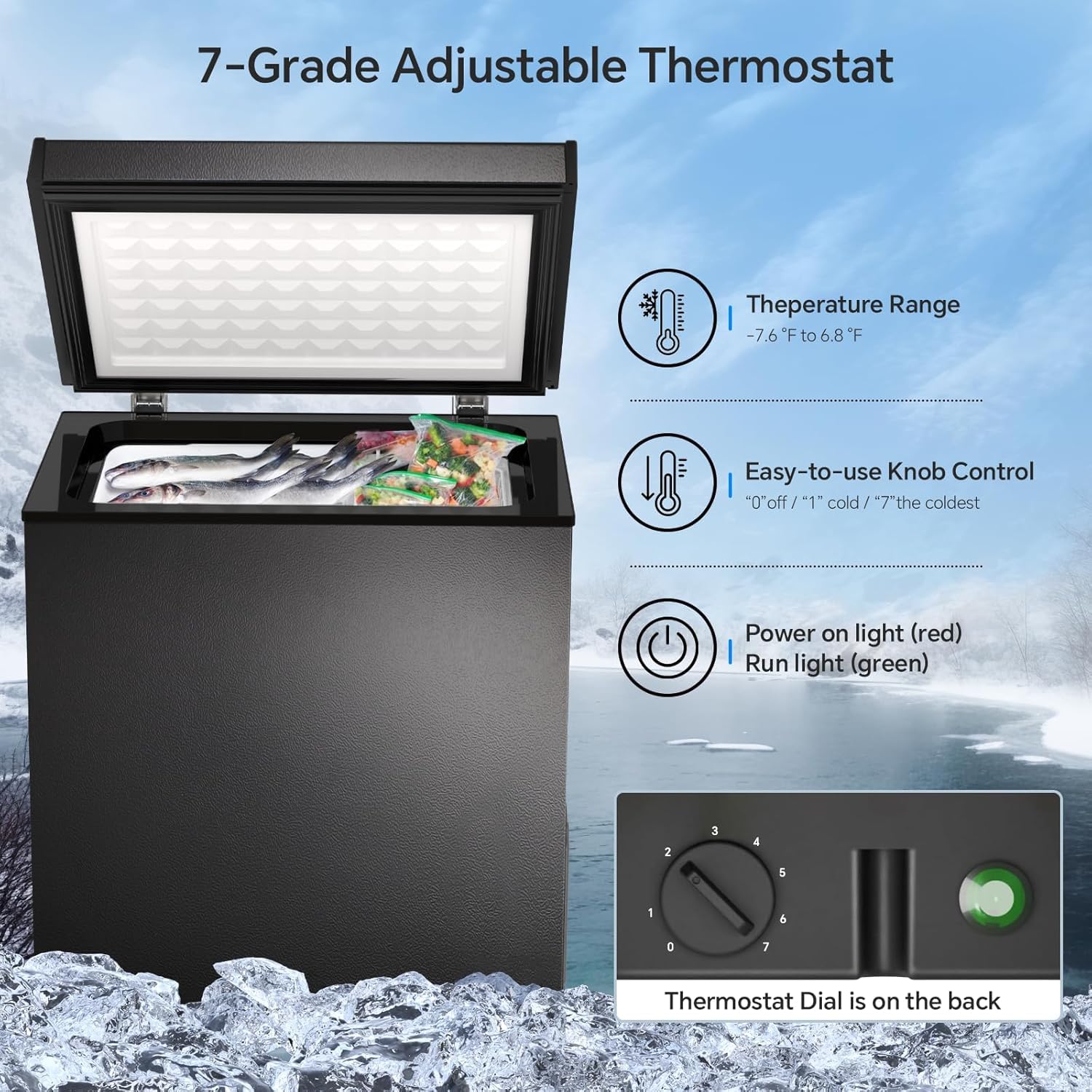 Chest Freezer, Compact Top-Open, Adjustable Temperature